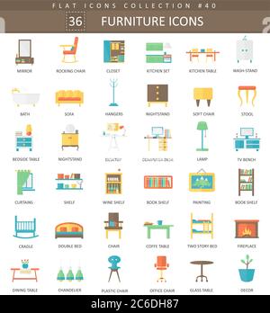 Vector interior Furniture color flat icon set. Elegant style design Stock Vector