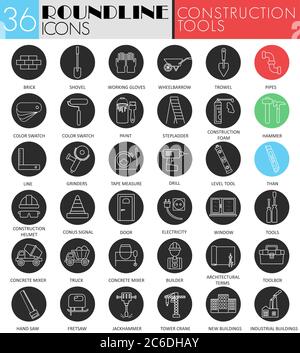 Vector building and construction tools circle white black icon set. Modern line black icon design for web Stock Vector