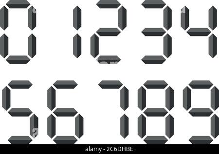 Grey 3D-like digital numbers. Seven-segment display is used in calculators, digital clocks or electronic meters. Vector illustration. Stock Vector