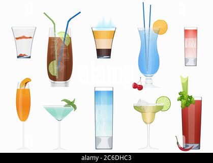 Alcohol cocktails and other fresh drinks collection isolated. Cocktail set Stock Vector