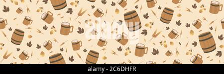 Seamless pattern beer topic: barrel, mug, hop Stock Vector