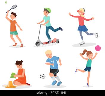 Happy cute school children kids playing and sport. Bicycle, football, athletic and skating Stock Vector