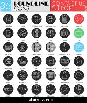 Vector contact us circle white black icon set. Modern line black support icon design for web Stock Vector