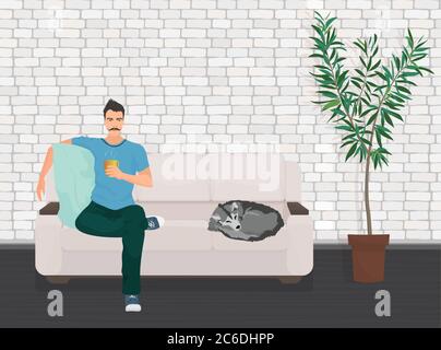 Man with dog pet lying relaxing on the sofa couch and drinking coffee Stock Vector