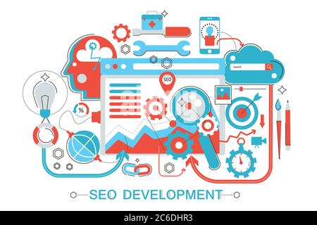 Modern Flat thin Line design SEO and development concept for web banner website, presentation, flyer and poster Stock Vector