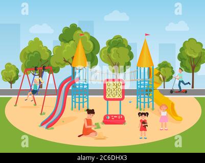 Kids children playing in the playground. Vector illustration Stock Vector