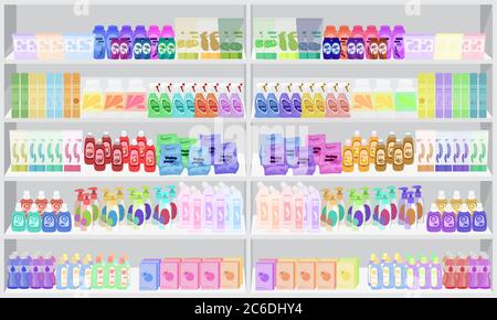 Store supermarket shelves shelfs with household chemicals Stock Vector