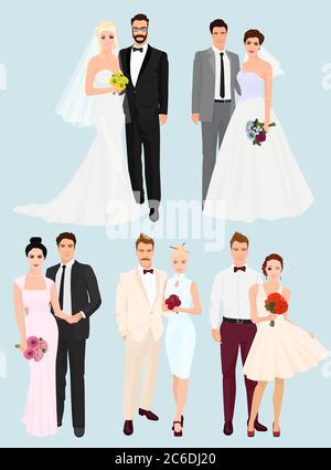 Beautiful elegant Wedding couple man and women collection set Stock Vector