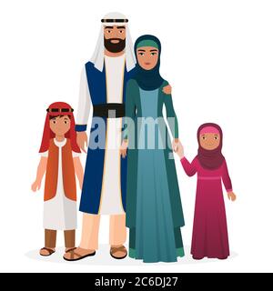 Arabian family. Arabian man and woman with boy and girl kids in traditional national clothes Stock Vector