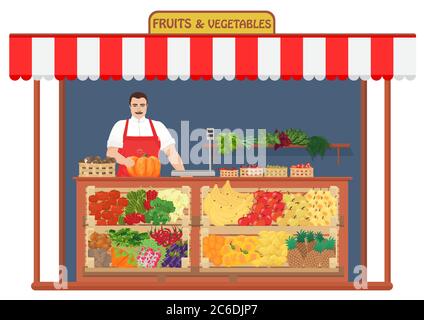 Fresh fruits and vegetables Shop. Fruit Seller concept vector illustration Stock Vector