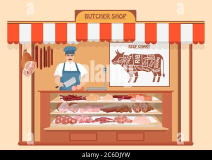 Butcher Shop. Meat Man Seller. Store shelves with pork meat, veal and ham, salami slices, sausage, bacon and beef. Fresh steak. Stock Vector