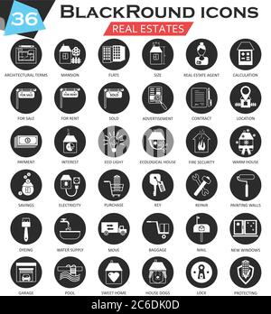 Vector Real estates circle white black icon set. Ultra modern icon design for web Stock Vector