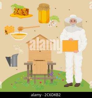 Man beekeer in special uniform costume. Apiary beekeeper concept illustration. Bee house, honey, flowers, bee, honeycomb Stock Vector