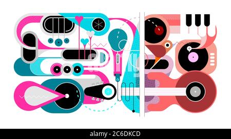 Abstract music background. Flat design of various musical instruments and singing bird, vector illustration. Acoustic guitar, saxophones, piano keys, Stock Vector