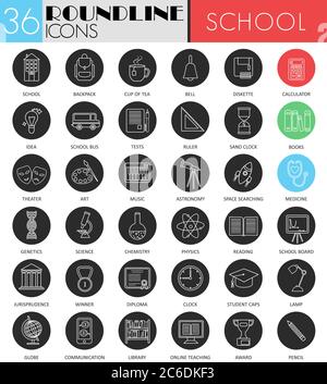 Vector School colledge circle white black icon set. Modern line black icon design for web Stock Vector