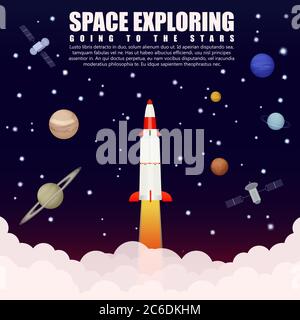 Space rocket launch exploring and research with satellite and planets. Business startup. Vector illustration poster Stock Vector