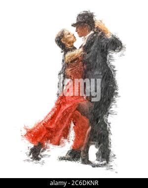 tango dancers painted in impressionism style isolated on white background Stock Photo