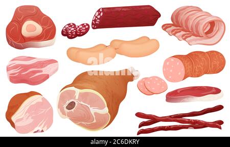 Different kinds of meat collection. pork meat, veal and ham meat, salami slices, sausage, bacon and beef. Fresh steak Stock Vector