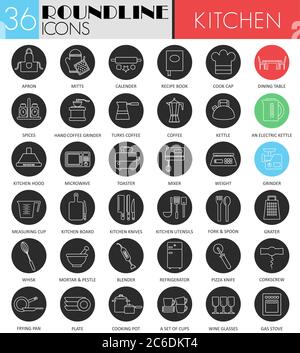 Vector Kitchen circle white black icon set. Modern line black icon design for web Stock Vector