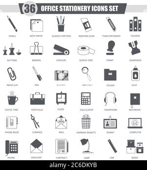 Vector Office stationery black icon set. Dark grey classic icon design for web Stock Vector