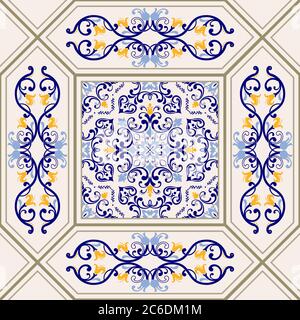 Seamless colorful tile in turkish style. Azulejos tile patchwork. Portuguese and Spain decor. Islam, Arabic, Indian, motif. Hand drawn background. Stock Vector