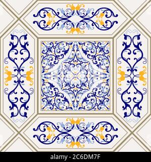 Seamless colorful tile in turkish style. Azulejos tile patchwork. Portuguese and Spain decor. Islam, Arabic, Indian, motif. Hand drawn background. Stock Vector