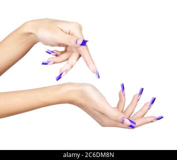 Hands with blue french acrylic nails manicure and painting isolated on white background Stock Photo