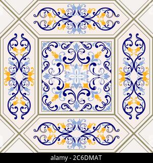 Seamless colorful tile in turkish style. Azulejos tile patchwork. Portuguese and Spain decor. Islam, Arabic, Indian, motif. Hand drawn background. Stock Vector