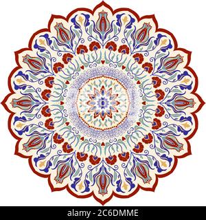 Floral hand drawn Mandala. Turkish motif. Round colorful floral ornament in traditional Oriental pattern. Isolated decorative element for design. Stock Vector