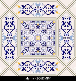 Seamless colorful tile in turkish style. Azulejos tile patchwork. Portuguese and Spain decor. Islam, Arabic, Indian, motif. Hand drawn background. Stock Vector