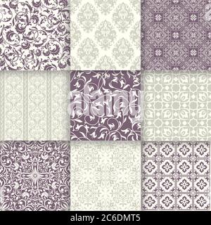 Set of 9 Vintage seamless damask patterns. Antique seamless background collection for wallpaper, textile, tile, packaging Stock Vector