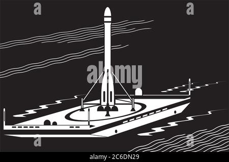 Launch of space rocket from sea platform – vector illustration Stock Vector