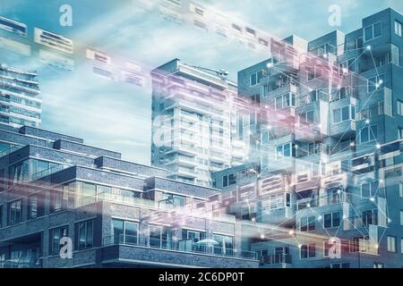 Modern living, Zuidas Amsterdam, IOT, network concept. Smart city. 5G, artificial intelligence, computer, internet of things, mobile data, business ar Stock Photo