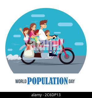 World population day, flat illustration of whole family with pet dog on a motorbike, motorcycle poster, vector Stock Vector