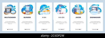 Home appliances kitchen electronics. Mobile app onboarding screens, vector website banner template Stock Vector