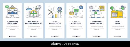 Business management tools. Mobile app onboarding screens, vector website banner template Stock Vector