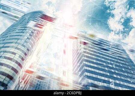 5G network digital hologram and internet of things on city background. wireless systems, IoT (Internet of Things), communication network concept. Big Stock Photo