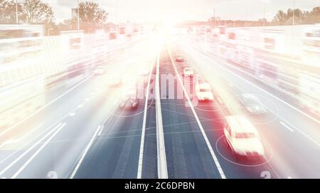 Smart Traffic System Concept, car, connection, transportation, Big data, data stream, Safety system, Smart city. 5G, city, artificial intelligence, co Stock Photo