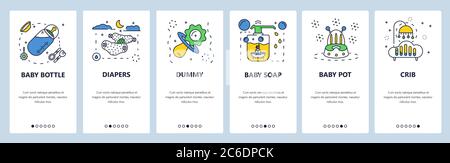 Newborn baby necessities. Mobile app onboarding screens, vector website banner template Stock Vector