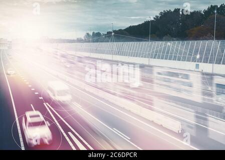 Smart Traffic System Concept, car, connection, transportation, Big data, data stream, Safety system, Smart city. 5G, city, artificial intelligence, co Stock Photo
