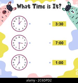 What time is it worksheet for kids. Telling time practice Stock Vector