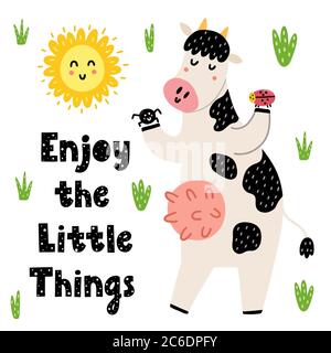 Enjoy the little things card with a cute cow. Funny print Stock Vector