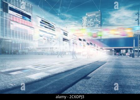 IOT, communication network concept. Smart city. 5G, city, artificial intelligence, Zuidas amsterdam, internet of things, mobile data, business area, C Stock Photo