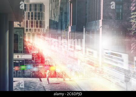 IOT, communication network concept. Smart city. 5G, city, artificial intelligence, Zuidas amsterdam, internet of things, mobile data, business area, C Stock Photo