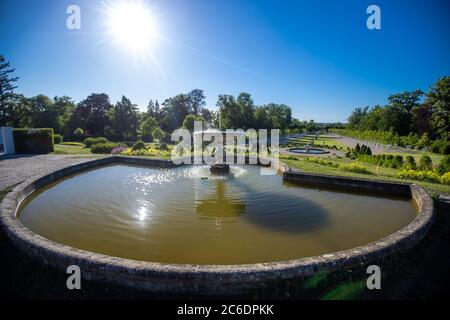 Neustrelitz, Germany. 23rd June, 2020. The palace garden was completed in 2019 after about ten years of construction and opened to visitors. The BBL Mecklenburg-Western Pomerania Construction and Real Estate Company, together with monument conservationists, restored the original state of the baroque park in several construction phases according to old plans. A total of 7.6 million euros were invested from state and EU funds. Credit: Jens Büttner/dpa-Zentralbild/ZB/dpa/Alamy Live News Stock Photo