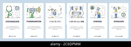 Medical equipment online. Mobile app onboarding screens, vector website banner template Stock Vector