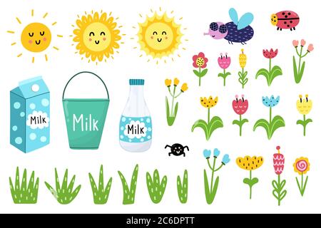 Clipart set with funny elements - sun, fly, ladybug, flowers, milk Stock Vector