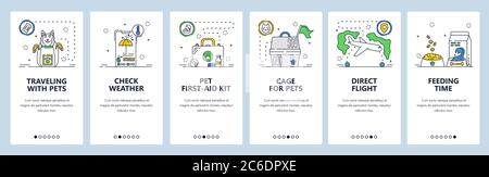 Pet travel tips. Mobile app onboarding screens, vector website banner template Stock Vector