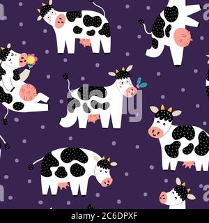 Funny cows seamless pattern. Funny farm characters background Stock Vector