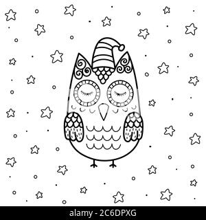 Cute sleeping owl in zentangle style coloring page for kids Stock Vector